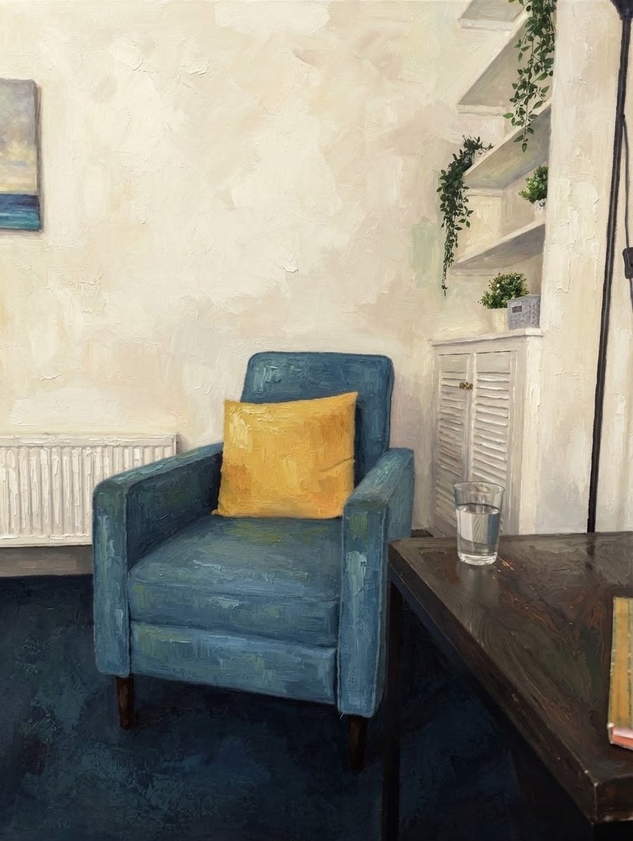 A quiet corner of April's therapy room, with a blue armchair and yellow cushion